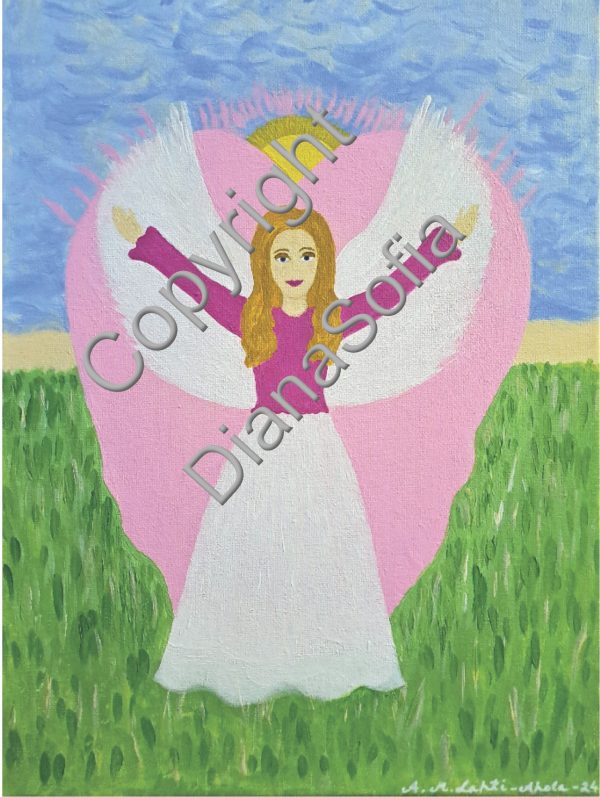 Ilon ja Ihanuuden Enkeli Melbiel / Joy and Beauty Angel Melbiel -taidejuliste - Energisoiva maalaus / Meditaatiokuva 24X32cm
